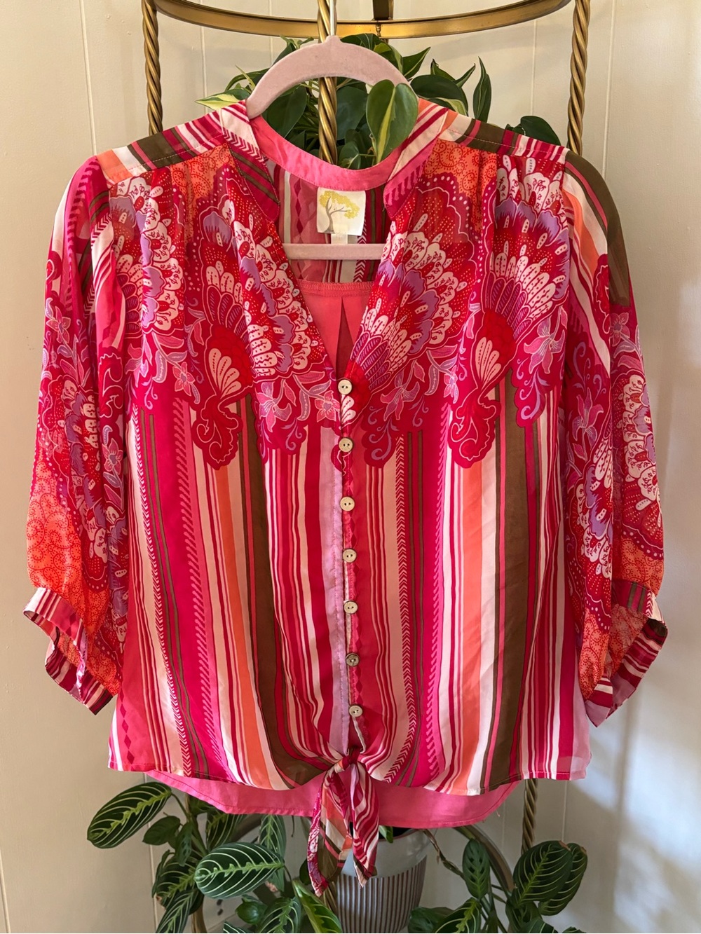Women's Pink Floral-Stripe Button Front Tie Blouse